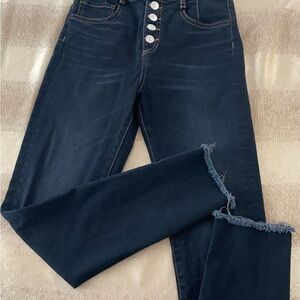 Veronica Beard Dark Blue Button-Fly Ankle Jeans with Raw Hem